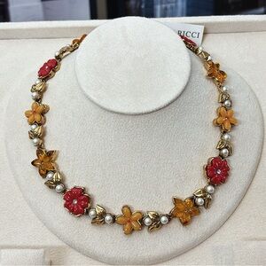 Nina Ricci Red and Amber Floral Necklace with Pearls